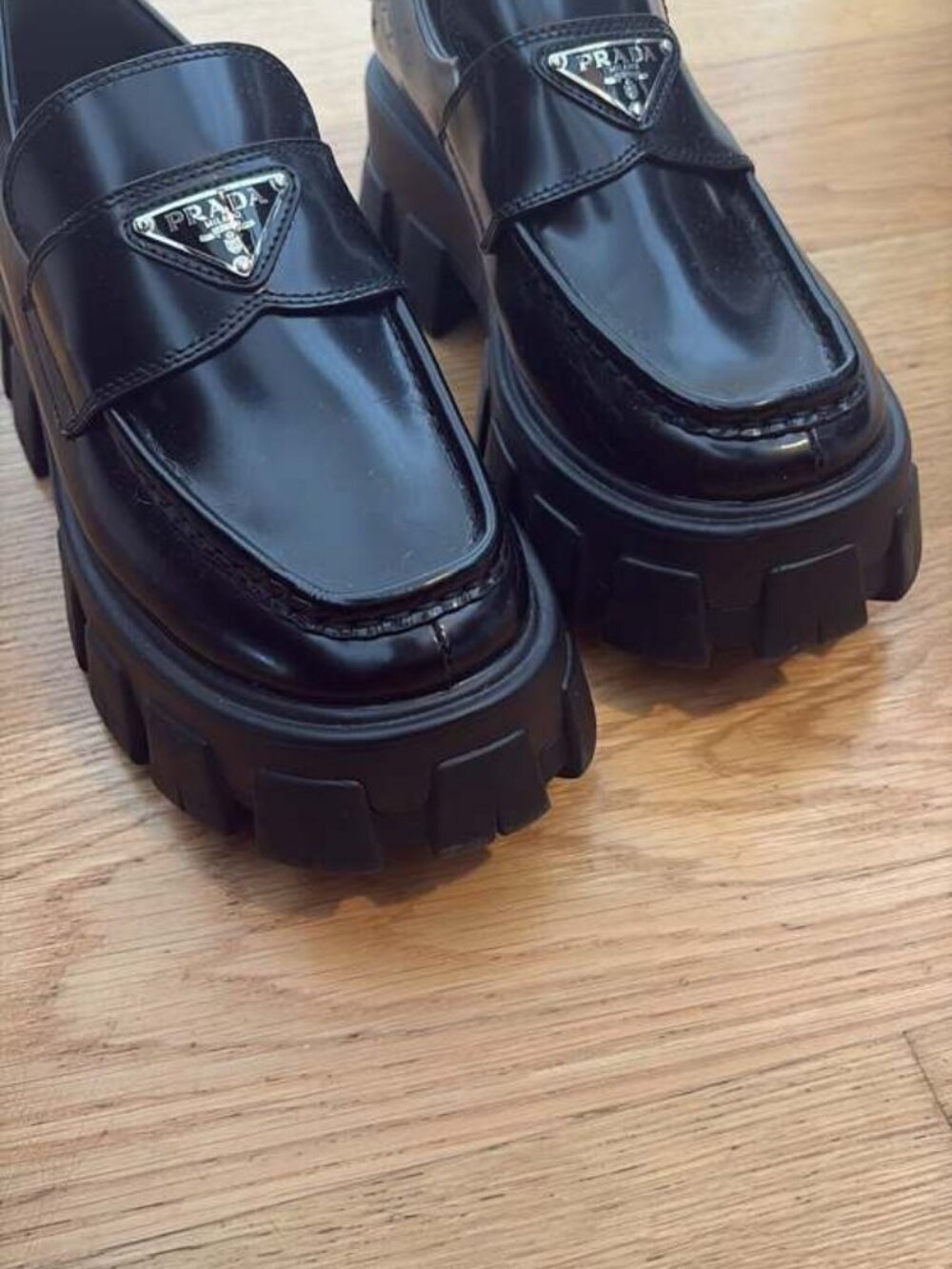 Prada Monolith Brushed Leather Lug Sole Loafers Black EU 39 US 9